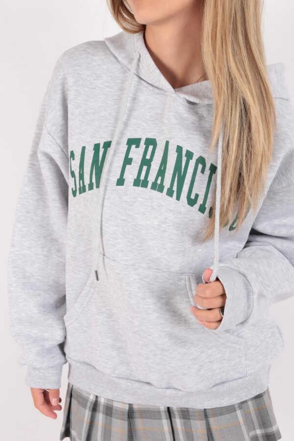 Kadın Kapüşonlu Üç İplik Owersize Kısa Sweatshirt Gri