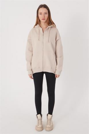 Kadın Kapüşonlu Üç İplik Owersize Fermuarlı Sweatshirt Bej