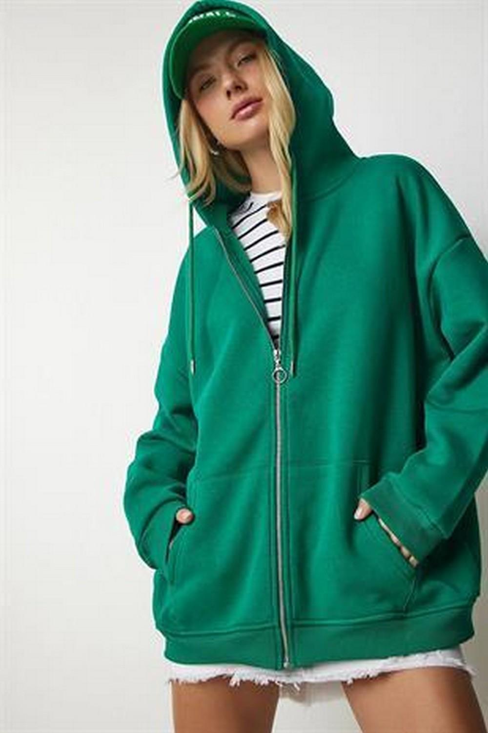 Kadın Kapüşonlu Üç İplik Owersize Fermuarlı Sweatshirt Koyu Yeşil