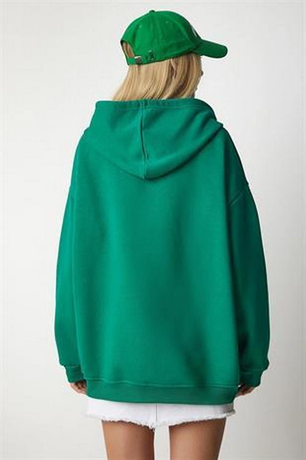 Kadın Kapüşonlu Üç İplik Owersize Fermuarlı Sweatshirt Koyu Yeşil