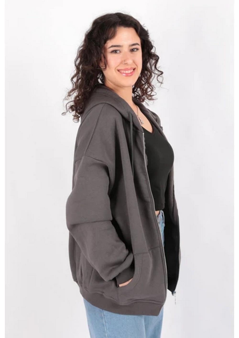 Kadın Kapüşonlu Üç İplik Owersize Fermuarlı Sweatshirt Füme
