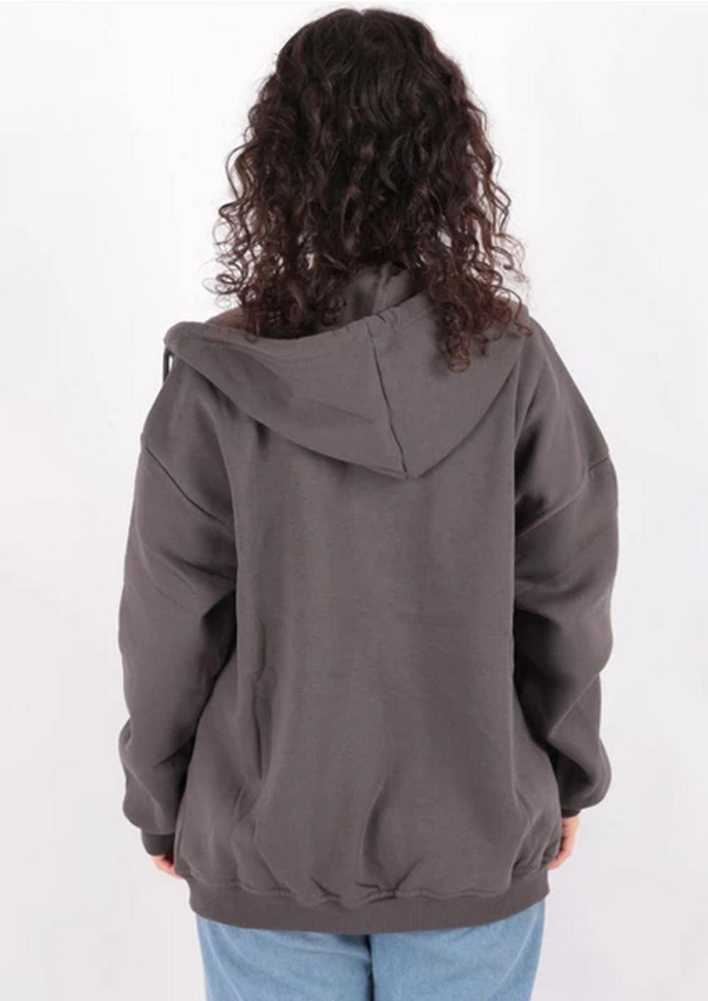 Kadın Kapüşonlu Üç İplik Owersize Fermuarlı Sweatshirt Füme