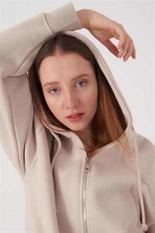 Kadın Kapüşonlu Üç İplik Owersize Fermuarlı Sweatshirt Bej