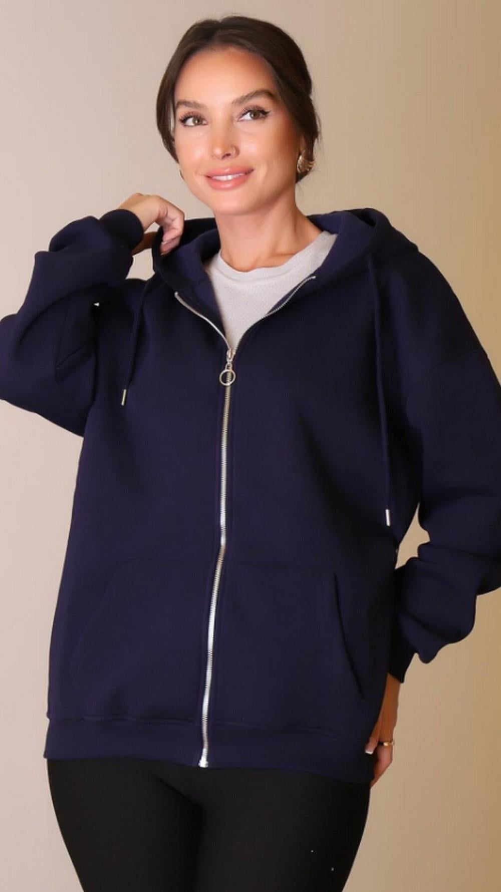 Kadın Kapüşonlu Üç İplik Owersize Fermuarlı Sweatshirt Lacivert