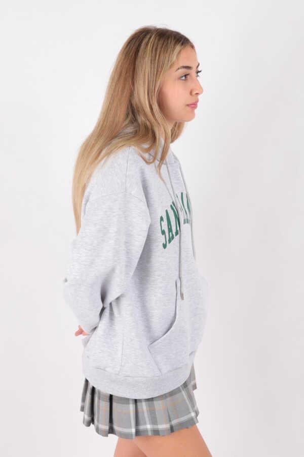 Kadın Kapüşonlu Üç İplik Owersize Kısa Sweatshirt Gri