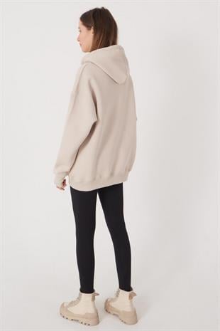 Kadın Kapüşonlu Üç İplik Owersize Fermuarlı Sweatshirt Bej