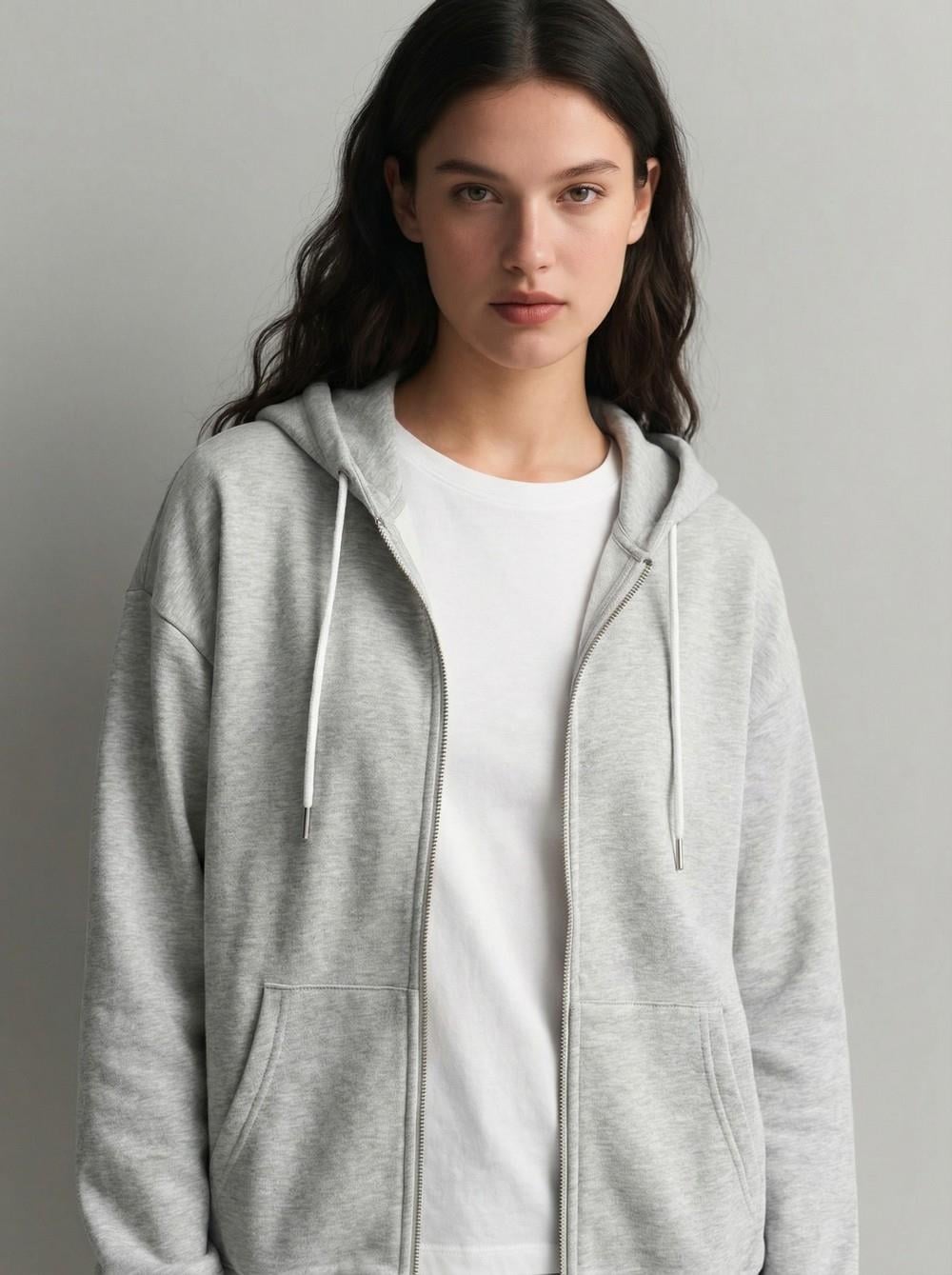 BUSEMKadın Kapüşonlu Üç İplik Owersize Fermuarlı Sweatshirt Açık GriSweatshirt
