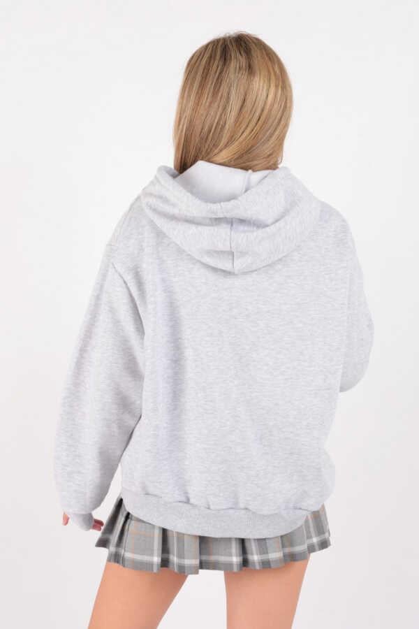 Kadın Kapüşonlu Üç İplik Owersize Kısa Sweatshirt Gri