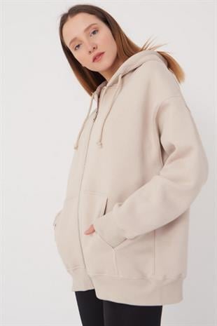 Kadın Kapüşonlu Üç İplik Owersize Fermuarlı Sweatshirt Bej