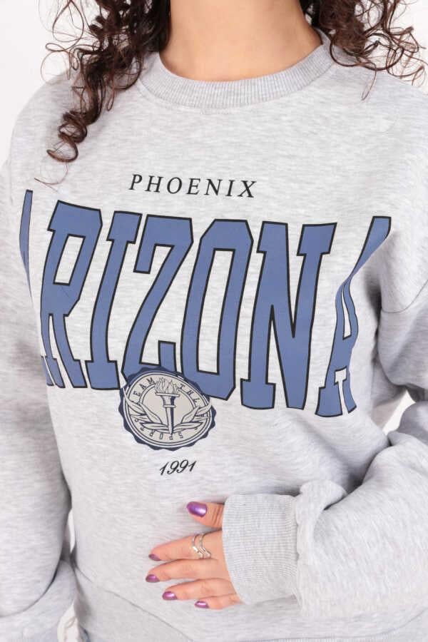 Kadın Sıfır Yaka Üç İplik Owersize Kısa Sweatshirt Gri