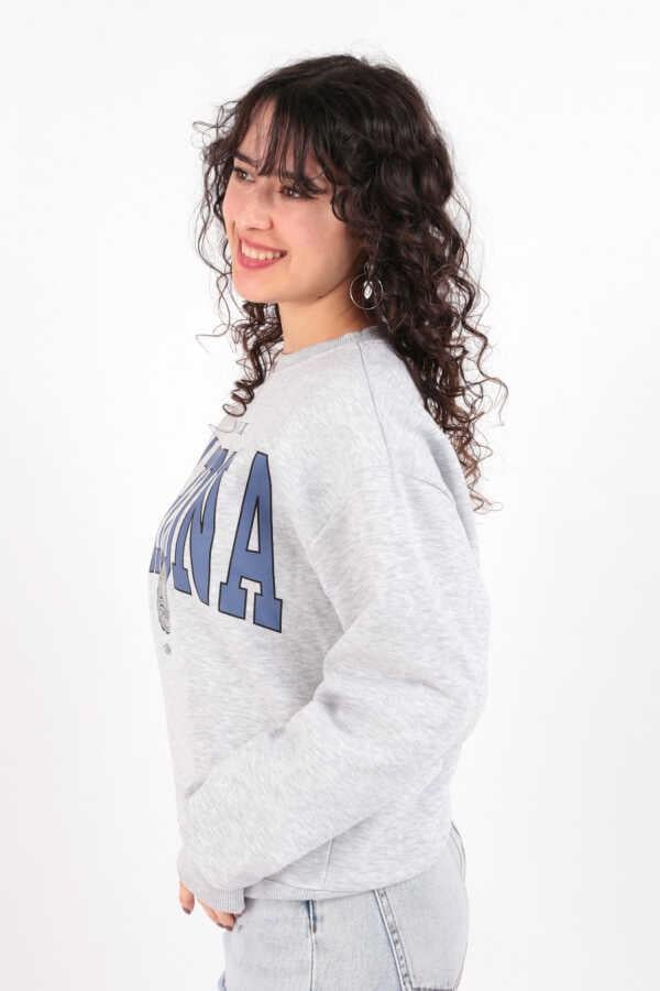 Kadın Sıfır Yaka Üç İplik Owersize Kısa Sweatshirt Gri