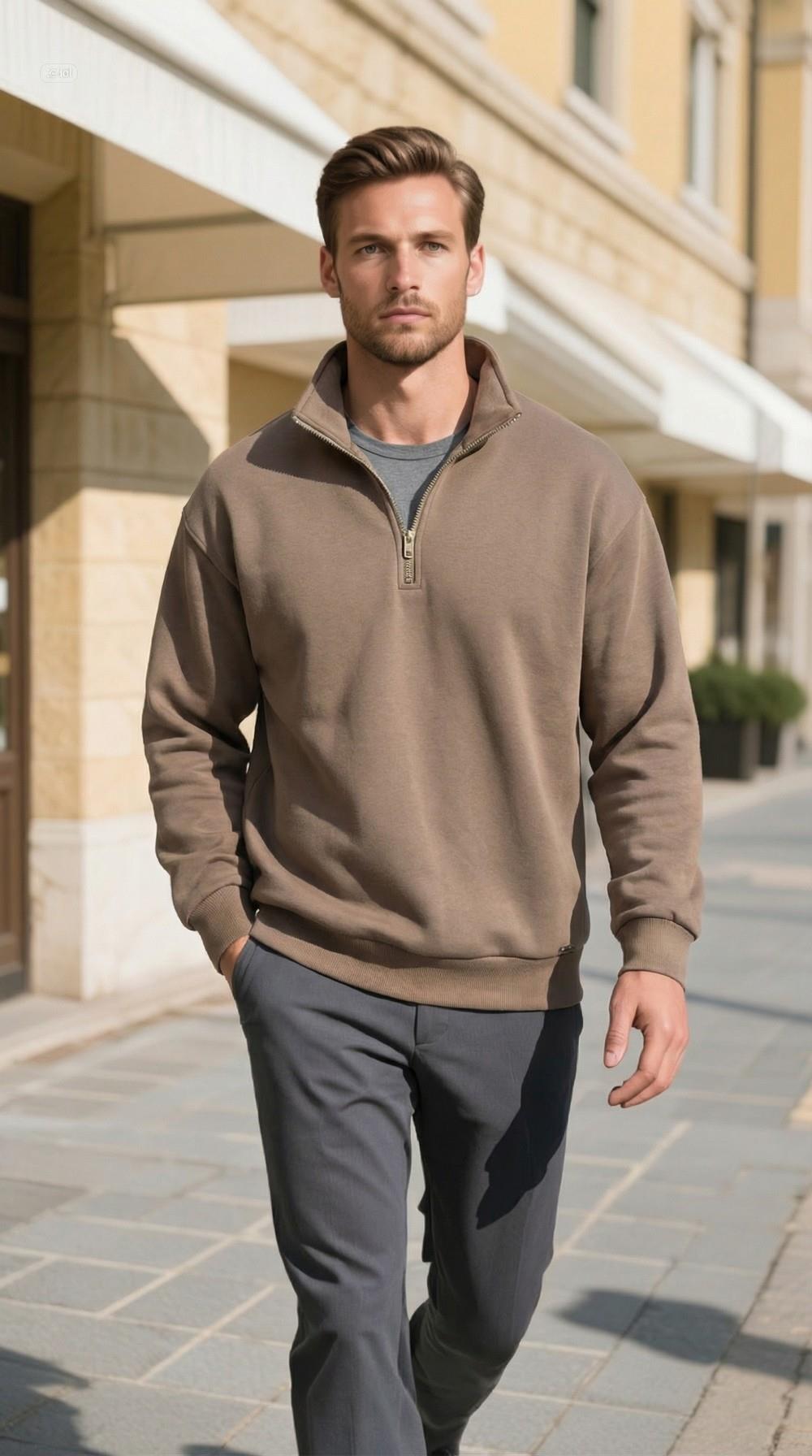 BYOLİSErkek Yarım Fermuarlı Düz Sweatshırt KahverengiSweatshirt