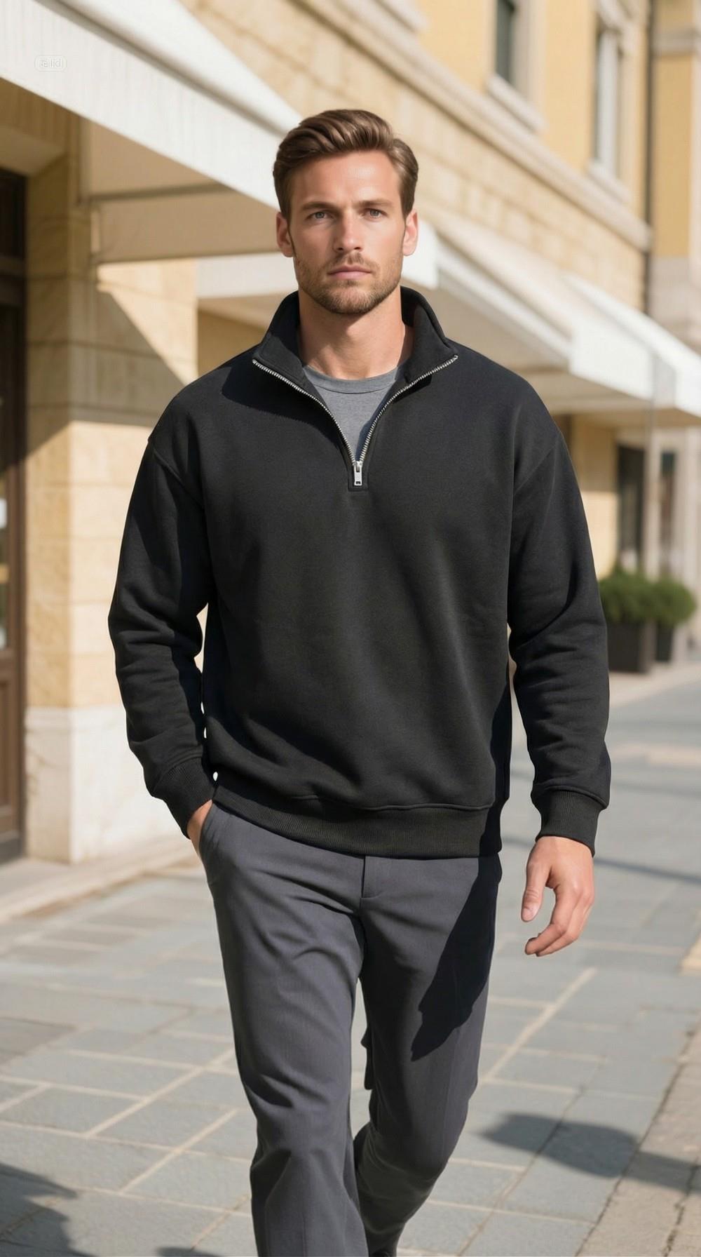 BYOLİSErkek Yarım Fermuarlı Düz Sweatshırt SiyahSweatshirt