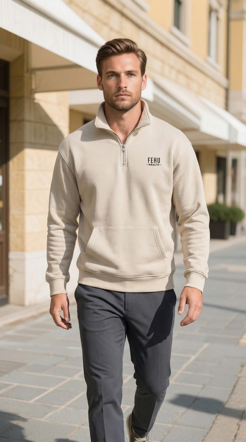 BYOLİSErkek Yarım Fermuarlı Sweatshırt KremSweatshirt