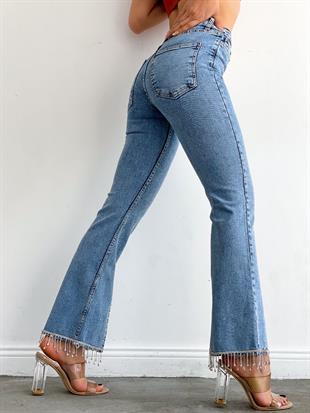 Kadın Yırtmaçlı Taşlı Denim Pantolon Buz Mavi