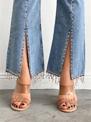 Kadın Yırtmaçlı Taşlı Denim Pantolon Buz Mavi