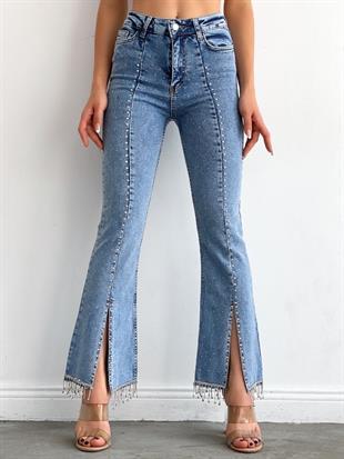Kadın Yırtmaçlı Taşlı Denim Pantolon Buz Mavi