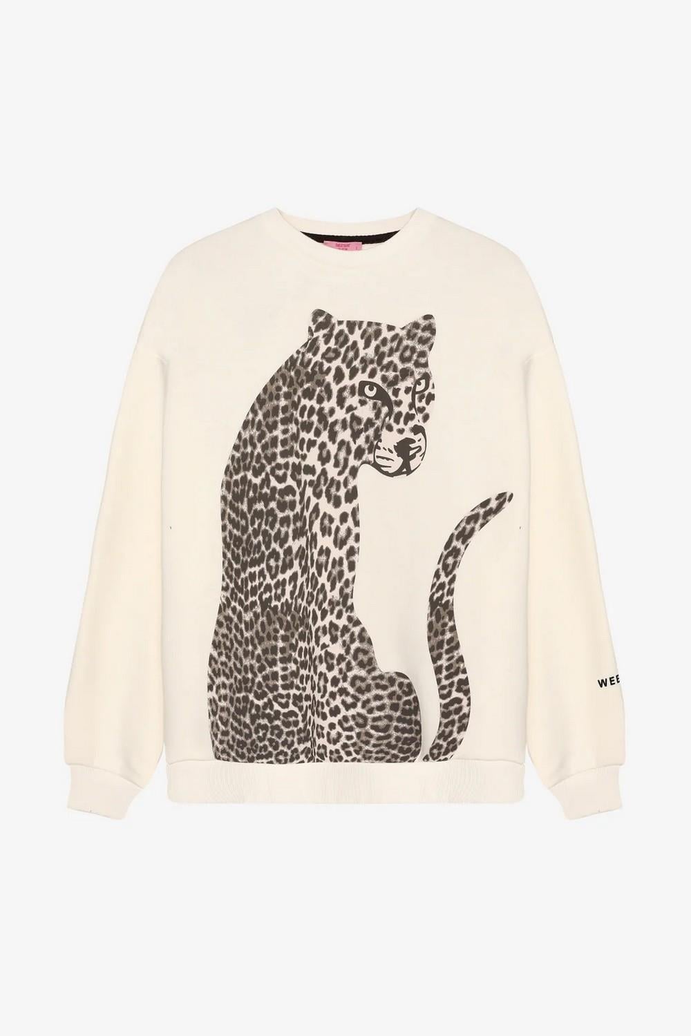 Kadın Leopar Figürlü Kolu Yazı Baskılı Sweatshirt Ekru