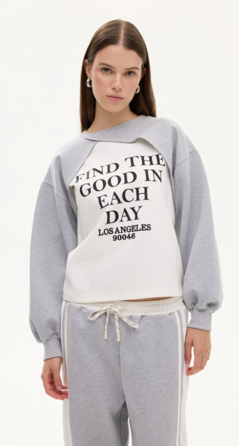 Kadın Match Detaylı Baskılı Bisiklet Yaka Sweatshirt Gri