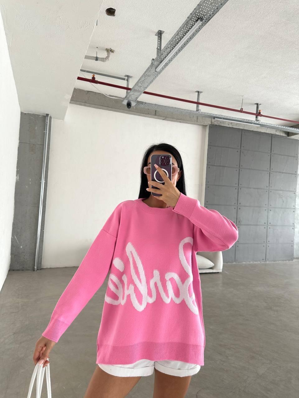 Kadın Barbi Yazılı Triko Kazak Pembe