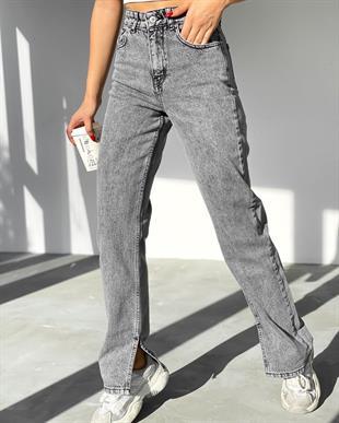 Kadın Paça Yırtmaçlı Mom Jeans Pantolon Koyu Gri