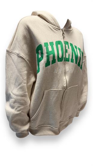 Kadın Kapüşonlu Üç İplik Owersize Fermuarlı Sweatshirt Krem