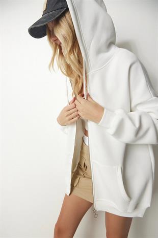 Kadın Kapüşonlu Üç İplik Owersize Fermuarlı Sweatshirt Beyaz