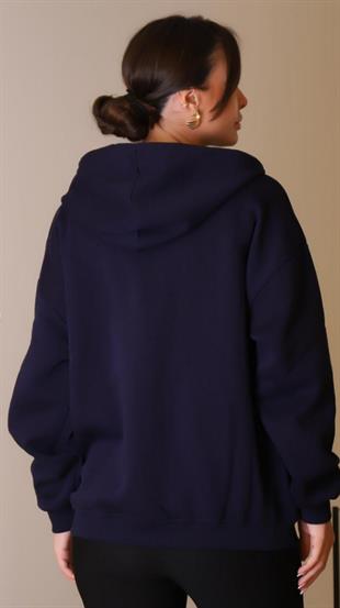 Kadın Kapüşonlu Üç İplik Owersize Fermuarlı Sweatshirt Lacivert