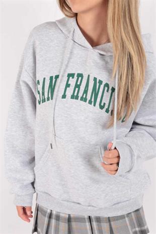 Kadın Kapüşonlu Üç İplik Owersize Kısa Sweatshirt Gri