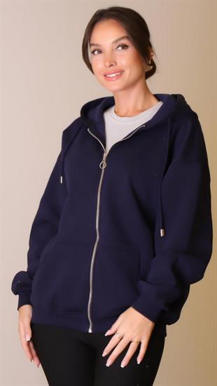 Kadın Kapüşonlu Üç İplik Owersize Fermuarlı Sweatshirt Lacivert