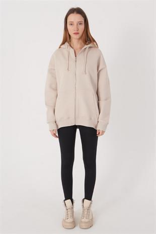Kadın Kapüşonlu Üç İplik Owersize Fermuarlı Sweatshirt Bej