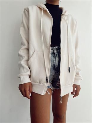 Kadın Kapüşonlu Üç İplik Owersize Fermuarlı Sweatshirt Ekru