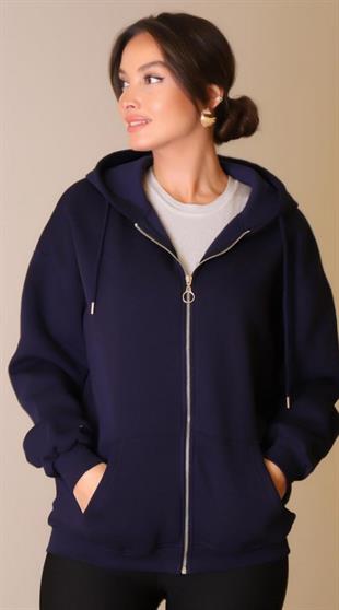 Kadın Kapüşonlu Üç İplik Owersize Fermuarlı Sweatshirt Lacivert