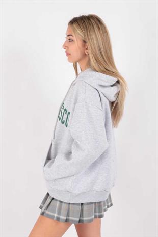 Kadın Kapüşonlu Üç İplik Owersize Kısa Sweatshirt Gri