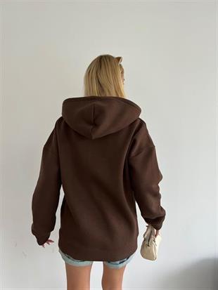 Kadın Kapüşonlu Üç İplik Owersize Fermuarlı Sweatshirt Kahverengi