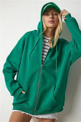 Kadın Kapüşonlu Üç İplik Owersize Fermuarlı Sweatshirt Koyu Yeşil