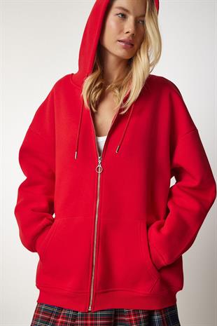 Kadın Kapüşonlu Üç İplik Owersize Fermuarlı Sweatshirt Kırmızı