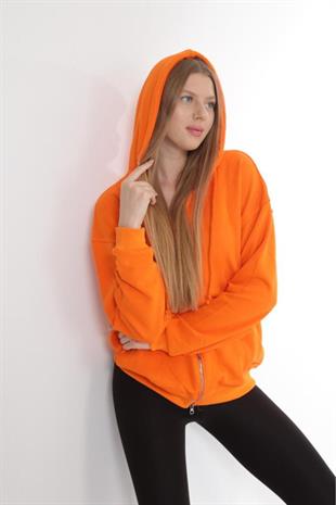 Kadın Kapüşonlu Üç İplik Owersize Fermuarlı Sweatshirt Turuncu