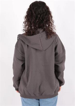 Kadın Kapüşonlu Üç İplik Owersize Fermuarlı Sweatshirt Füme