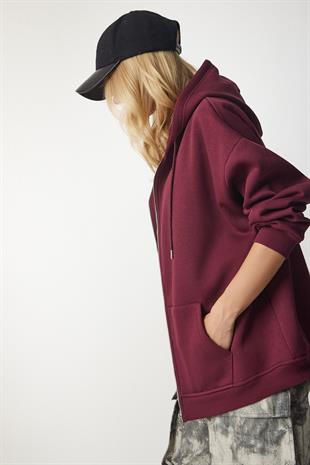 Kadın Kapüşonlu Üç İplik Owersize Fermuarlı Sweatshirt Bordo