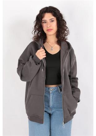 Kadın Kapüşonlu Üç İplik Owersize Fermuarlı Sweatshirt Füme
