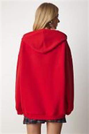 Kadın Kapüşonlu Üç İplik Owersize Fermuarlı Sweatshirt Kırmızı