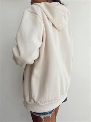 Kadın Kapüşonlu Üç İplik Owersize Fermuarlı Sweatshirt Ekru