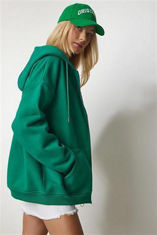 Kadın Kapüşonlu Üç İplik Owersize Fermuarlı Sweatshirt Koyu Yeşil