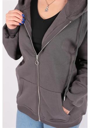 Kadın Kapüşonlu Üç İplik Owersize Fermuarlı Sweatshirt Füme