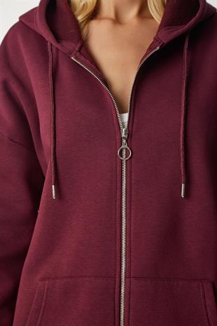 Kadın Kapüşonlu Üç İplik Owersize Fermuarlı Sweatshirt Bordo