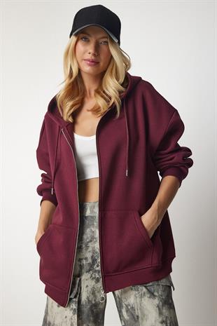 Kadın Kapüşonlu Üç İplik Owersize Fermuarlı Sweatshirt Bordo