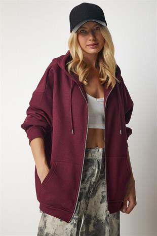 Kadın Kapüşonlu Üç İplik Owersize Fermuarlı Sweatshirt Bordo