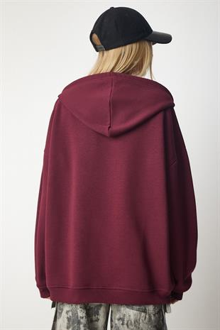 Kadın Kapüşonlu Üç İplik Owersize Fermuarlı Sweatshirt Bordo