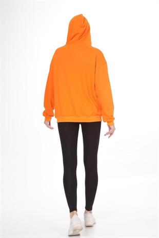 Kadın Kapüşonlu Üç İplik Owersize Fermuarlı Sweatshirt Turuncu